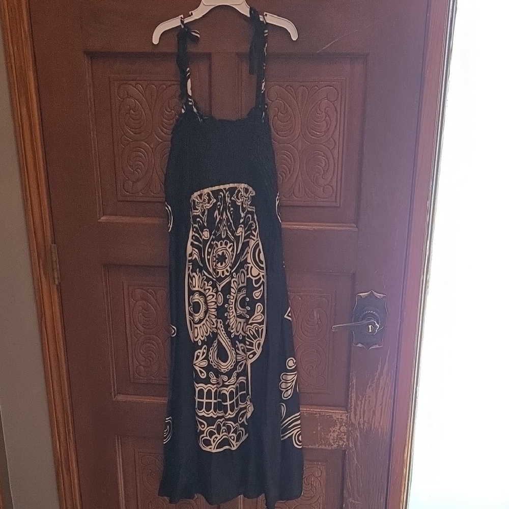 Women's Black Halter Maxi Dress with Cream Sugar Skull Print